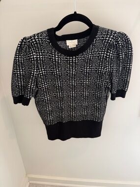 kate spade Black & White Tweed Puff Sleeve Knit Top